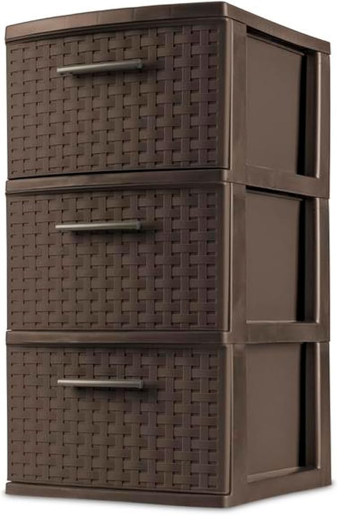 Sterilite 3 Drawer Plastic Wicker Weave Decorative Storage Organization Container Cabinet Tower with Driftwood Handles, Espresso (2 Pack)