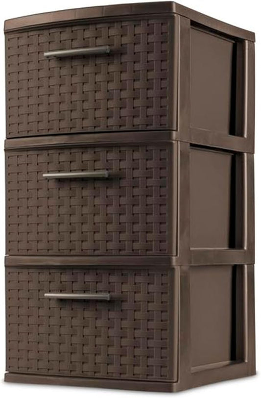 Sterilite 3 Drawer Plastic Wicker Weave Decorative Storage Organization Container Cabinet Tower with Driftwood Handles, Espresso (2 Pack)
