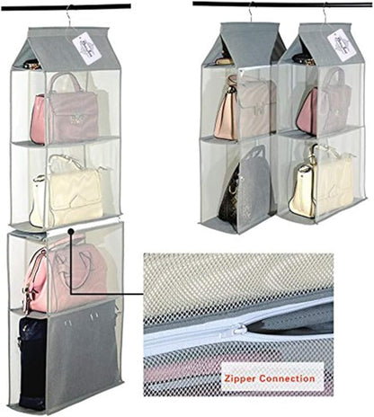 Detachable 4 Big Compartment Pouch Hanging Handbag Organizer Clear Purse Bag Storage Holder Wardrobe Closet Space Saving Organizers System for Living Room Bedroom Use(Pack of 2 Grey)