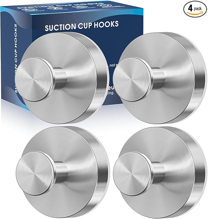 Suction Cup Hooks for Shower,Removable Shower Towel Suction Hooks for Bathroom Wall,Kitchen,Glass,Mirror,Tile to Hang Robes,Loofah-Silver(4-Pack)