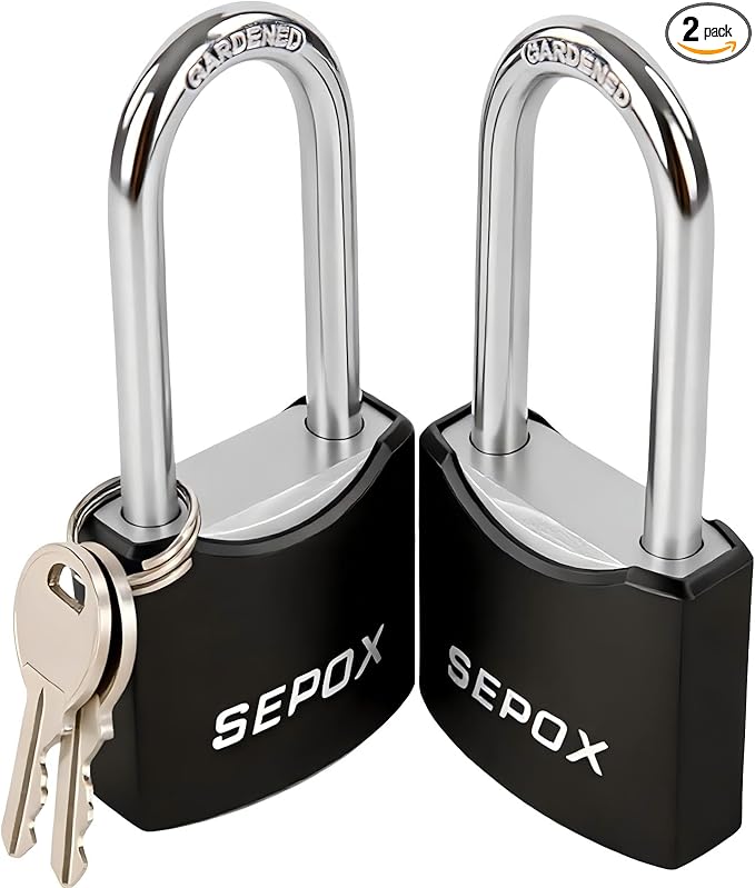 SEPOX® 1-9/16" All-Weather Outdoor Padlocks Keyed Alike, 1-5/8" Long Shackle, Solid Steel Lock, Heavy-Duty with Black Cover, Design for Gate Fence Cabinet Toolbox School Gym Locker with 2pcs Same Key