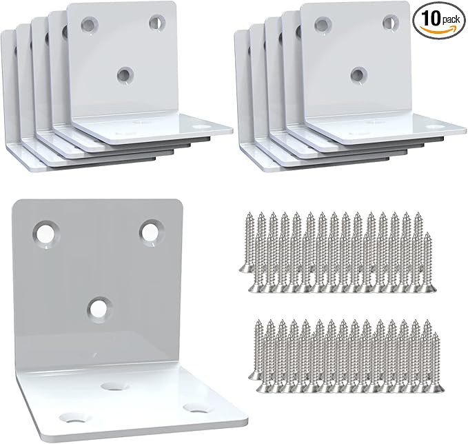 White Stainless Steel Corner Bracket,Joint Right Angle Bracket,L Shape Heavy Duty Metal Corner Brace Hardware Brackets Supporter for Wood Aufuga (10, 2x2x2)