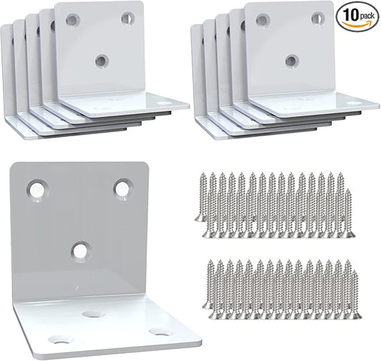 White Stainless Steel Corner Bracket,Joint Right Angle Bracket,L Shape Heavy Duty Metal Corner Brace Hardware Brackets Supporter for Wood Aufuga (10, 2x2x2)