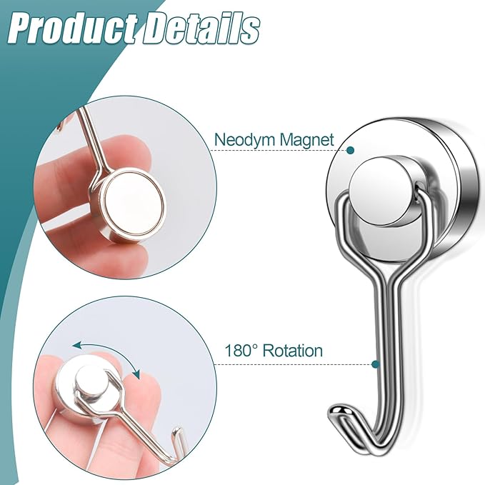 MAGXCENE 24 Pack Swivel Swing Magnetic Hooks, Strong Neodymium Magnetic Hooks Heavy Duty for Hanging, Rare Earth Magnet Hagner for Grill Classroom Cruise Kitchen Indoor Outdoor, 20mm in Diameter