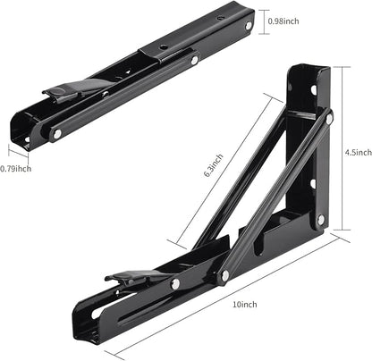 YUMORE Folding Shelf Brackets, 10 Inch Heavy Duty Collapsible Shelf Bracket, Black DIY L Bracket for Workbench Folding Table Hinge, Max Load: 330lb, 2 Pack