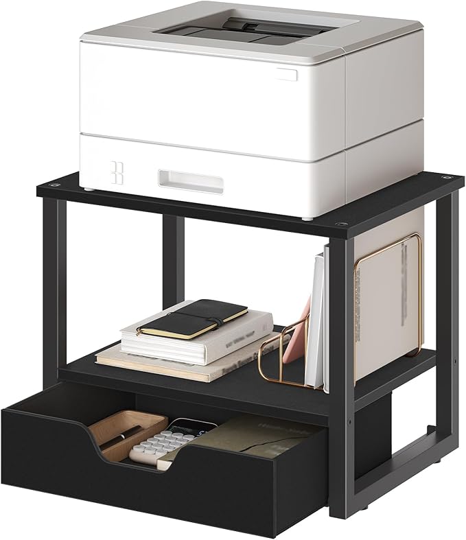 Desktop Printer Stand, 2-Tier Printer Table with Non-Woven Drawer, Multi-Purpose Desk Organizer for Home Office, Under Desk Open Organizer Shelf, Black PS01BB