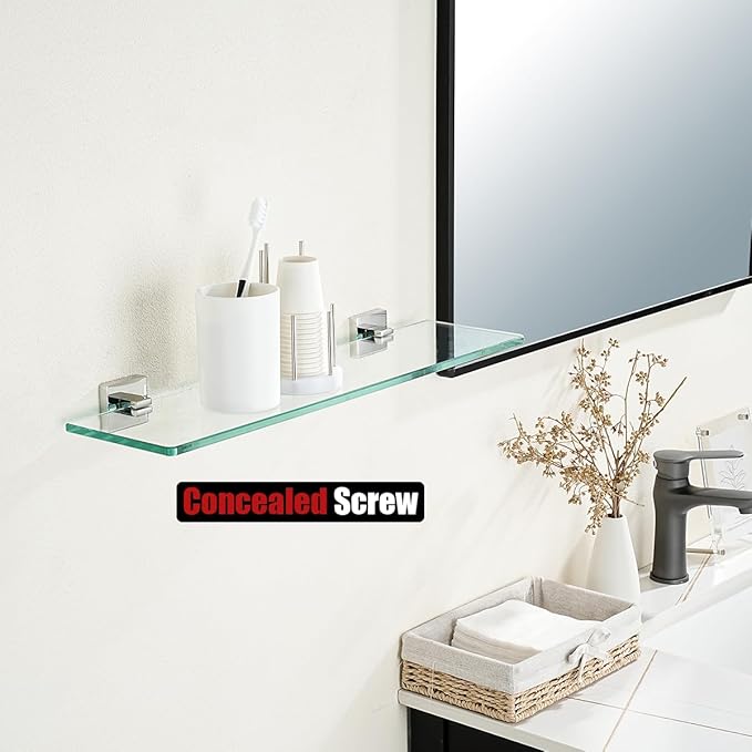 JQK Bathroom Glass Shelf, Floating Tempered Glass Shower Storage 20 by 5 inches, 304 Stainless Steel Polished Chrome Wall Mount 2 Pack 2 Pack, TGS201L20-CH-P2