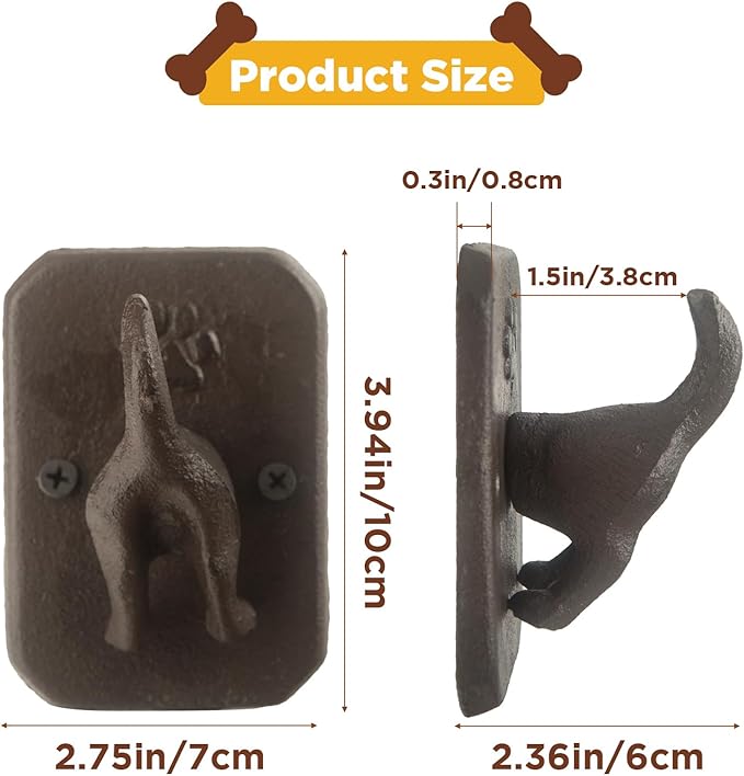 Cast Iron Dog Tail Heavy Duty Hooks, Rustic Wall Garage Hook, Decorative Puppy Leash Holder for Farmhouse Entryway Tool Shed Hanging Coat, Keys