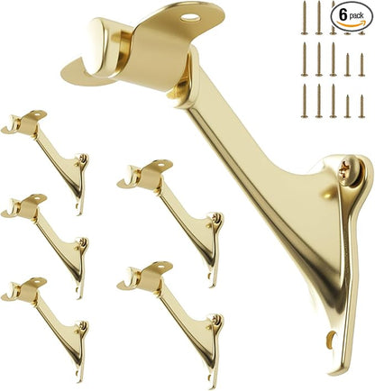 HOME MASTER HARDWARE Handrail Stair Brackets 3 Inch, 6 Pack Light-Duty Support Hardware for Stairways with Screws, Staircase Hand Rail Bracket for Home or Office, Bright Brass Finish
