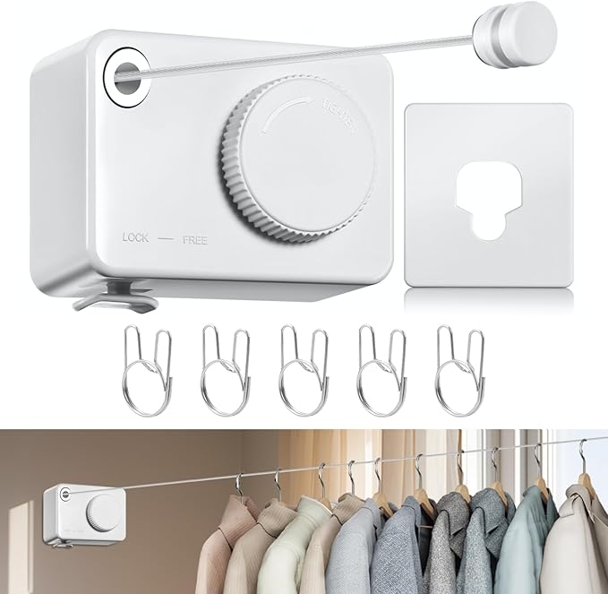 Retractable Clothesline Indoor, Non-Sagging Clothes Line Retracting Outdoors,13.8Ft Heavy Duty Clothes Drying Laundry Line, Wall Mounted Clothesline with 5pcs Hooks (RectangleWhite)