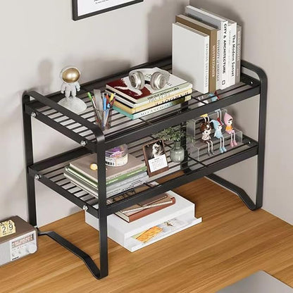 Hbluefat Metal Desktop Shelf Organizer, Small Desk Bookshelf for Home Office, Table Top Storage Shelf, Multipurpose Metal Desk Organizer for Books, Office Supplies, Home Decor (Black, 2 Tier)