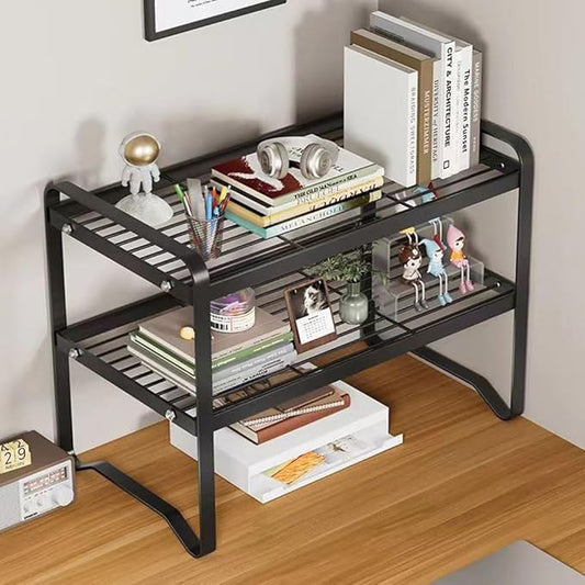 Hbluefat Metal Desktop Shelf Organizer, Small Desk Bookshelf for Home Office, Table Top Storage Shelf, Multipurpose Metal Desk Organizer for Books, Office Supplies, Home Decor (Black, 2 Tier)