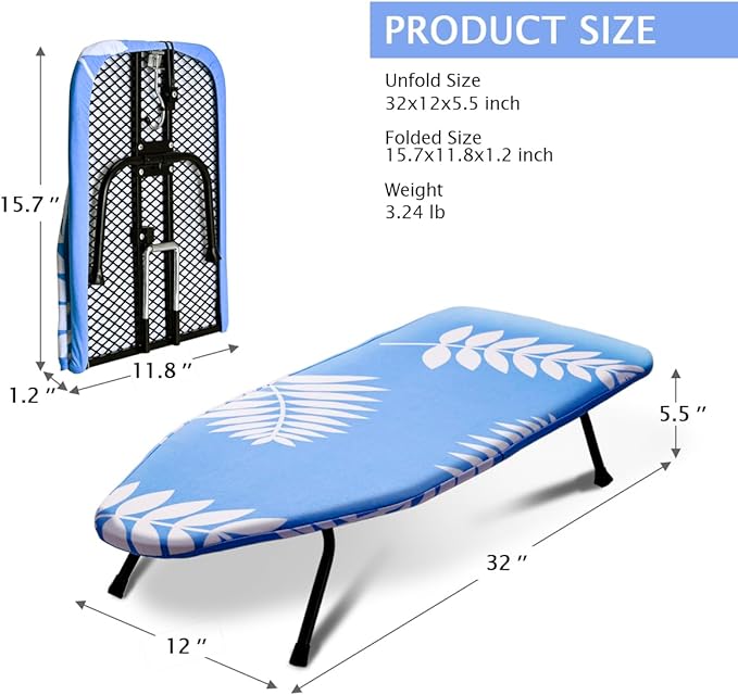 SheeChung Mini Ironing Board 12"x32",Tabletop Ironing Boards with Removable Cotton Cover and Pad,Mesh Metal Base Iron Table,Foldable Small Ironing Board for Home Dorm Travel,Blue Leaf