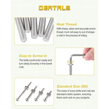 Crib Screws Hardware Replacement Kit - M6x40/50/60/70/80 mm Hex Drive Socket Cap Screws Barrel Nuts,16 Set Bolts &Barrel Nuts Set