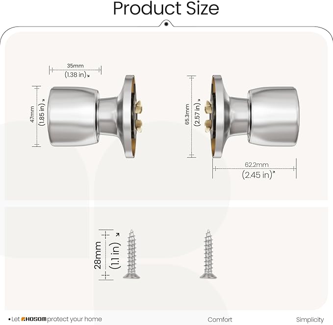 HOSOM 2 Pack Dummy Door Knobs, Keyless Closet Door Knobs Satin Nickel Dummy Door Handle, Exterior/Interior Door Knob, Individual Non-Turning Dummy Door Knob Single Side