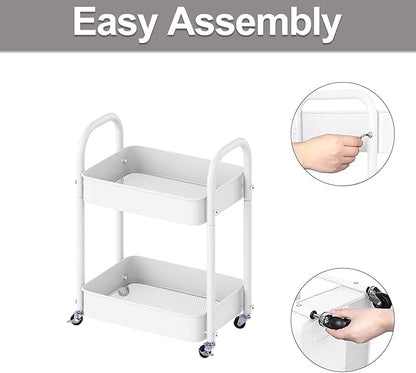 2 Tier All-Metal Rolling Cart, Rolling Storage Cart with Handle and Locking Wheels Kitchen Cart Laundry Office Bathroom Storage Organizer Cart, White