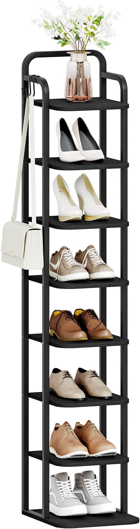 8 Tiers Vertical Shoe Rack, Narrow Shoe Tower, Tall Shoes Shelf with 2 Hooks, Adjustable Shelves, Corner Shoes Shelves for Small Spaces, Entryway, Living Room, Black SR04304B