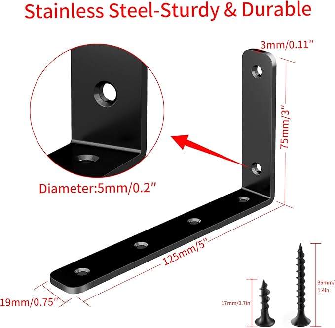 YUMORE L Bracket, 5" x 3" Max Load: 35lb/15KG Heavy Duty Stainless Steel Solid Shelf Support Corner Brace Joint Right Angle Bracket, Pack of 4, Black