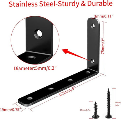 YUMORE L Bracket, 5" x 3" Max Load: 35lb/15KG Heavy Duty Stainless Steel Solid Shelf Support Corner Brace Joint Right Angle Bracket, Pack of 4, Black