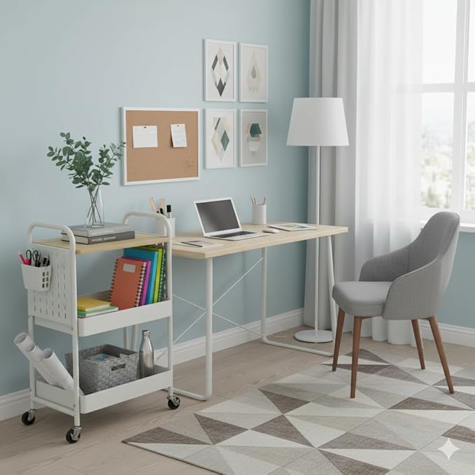 danpinera 3 Tier Rolling Cart with Wooden Table Top, White Rolling Utility Cart with DIY Pegboards & Locked Wheels, Easy Assembly for Nursery, Living Room, Studio