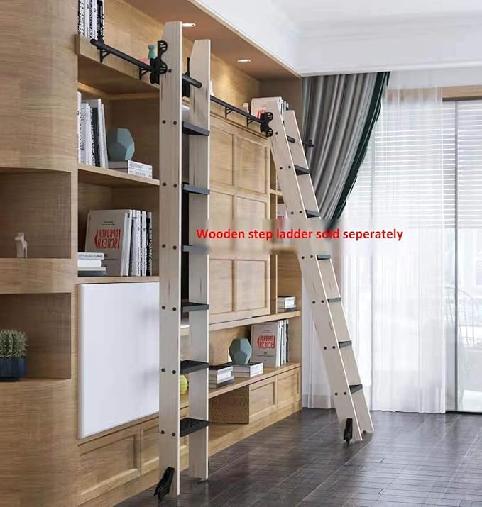 DIYHD 16FT Sliding Library Ladder Black Track Kit,Stand Up Tensible Rolling Hardware,Floor Wheel with Brake