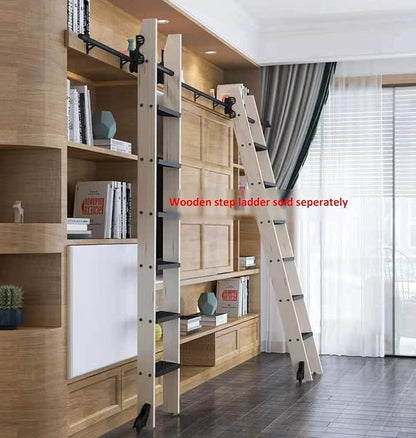 DIYHD 20FT Sliding Library Ladder Black Track Kit,Stand Up Tensible Rolling Hardware,Floor Wheel with Brake