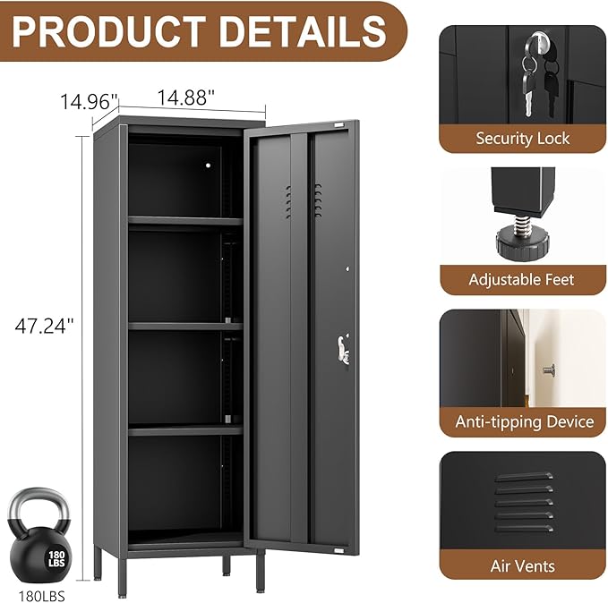 47.24" Metal Storage Locker with Lockable, Employees Metal Steel Locker with 1 Door ＆ 3 Adjustable Shelves, Small Locker Storage Cabinets for Home, School, Office, Gym (Black)