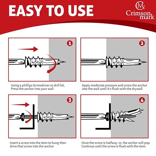 50Pcs Self Drilling Drywall Anchors and Screws kit #8 x 1-1/4”- Superb Wall Anchors for Drywall, Holds Upto 75lbs – No Drill Hole Required with These Drywall Screws and Anchors