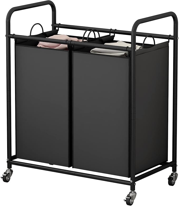 SUOERNUO Laundry Hamper Basket 2 Bag Laundry Sorter Cart with Rolling Lockable Wheels and Removable Bags Laundry Organizer Cart for Clothes Storage, Black