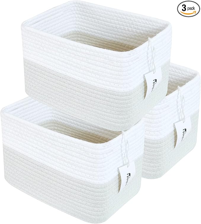 Hopegiver 3 Pack Woven Storage Baskets for Shelves, 11x8x7 Inch Cotton Rope Decorative Organizer Bins for Blanket Clothes Book Baby Pet, Gift Toy Basket for Office, Living Room, Bathroom & Nursery