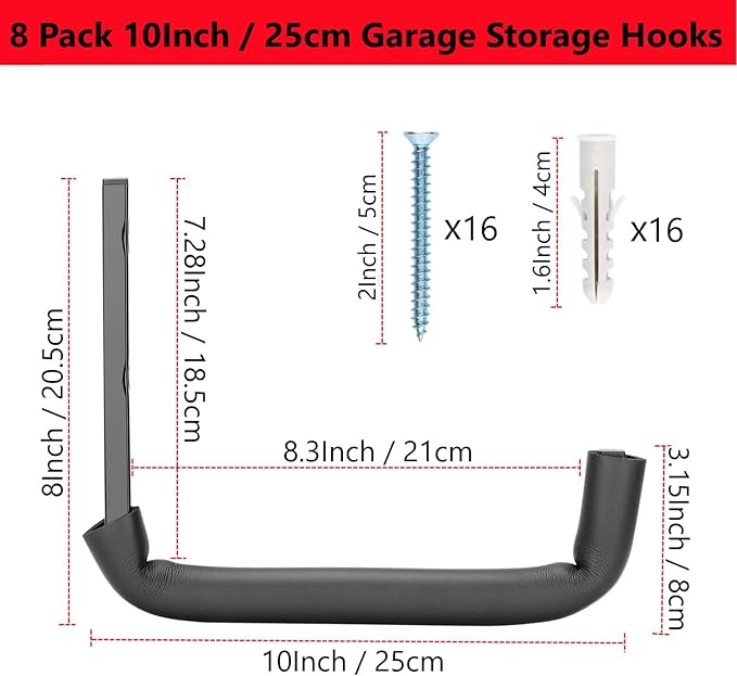8 Pack Garage Storage Hooks,10 Inch Heavy Duty Ladder Storage Hanger, Wall Mounted Utility Rack