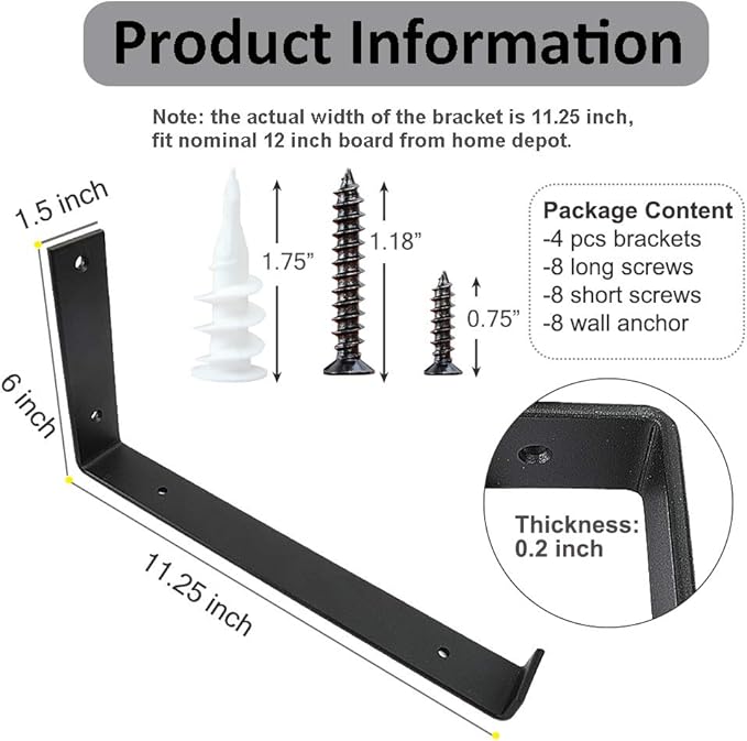 Shelf Brackets 12 Inch 4PCS Heavy Duty Frosted Black Wall Bracket with Lip for Floating Shelves Rustic Iron Metal Shelf Bracket for DIY Open Shelving Hardware Included