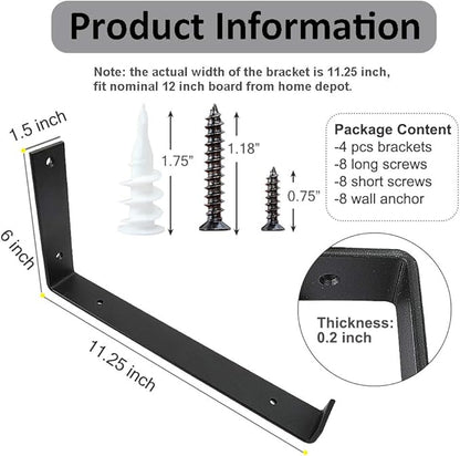 Shelf Brackets 12 Inch 4PCS Heavy Duty Frosted Black Wall Bracket with Lip for Floating Shelves Rustic Iron Metal Shelf Bracket for DIY Open Shelving Hardware Included