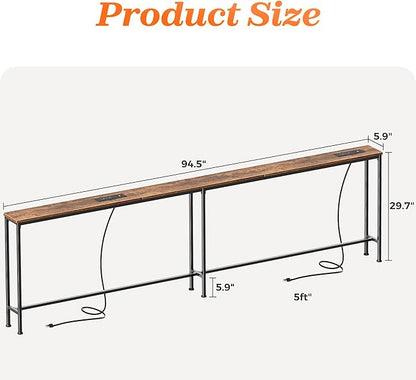 SUPERJARE 94.5 Inch Sofa Table with 2 Power Outlets and USB-C Ports, 5.9 Inch Narrow Console Table with Storage, Long Entryway Hallway Couch Table Behind Sofa, Small Spaces, Living Room, Rustic Brown