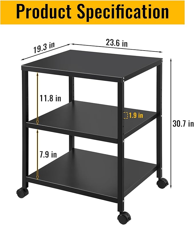 3-Tier Under Desk Printer Stand, 30-Inch Deep Large Printer Table with Height-Adjustable Shelf & 4 Lockable Wheels, Space-Saving Organizer for Home & Office