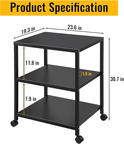 3-Tier Under Desk Printer Stand, 30-Inch Deep Large Printer Table with Height-Adjustable Shelf & 4 Lockable Wheels, Space-Saving Organizer for Home & Office
