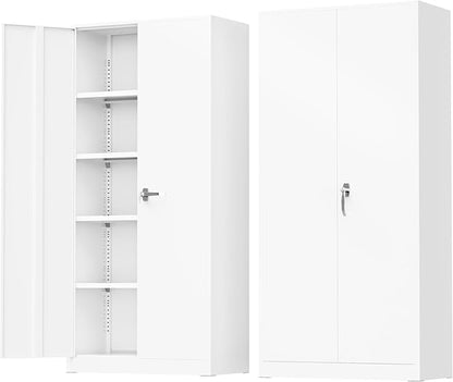Greenvelly Metal Storage Cabinet - 72" Steel White Cabinet with 2 Doors and 4 Adjustable Shelves, Lockable - Perfect for Garage, Home Office, Pantry