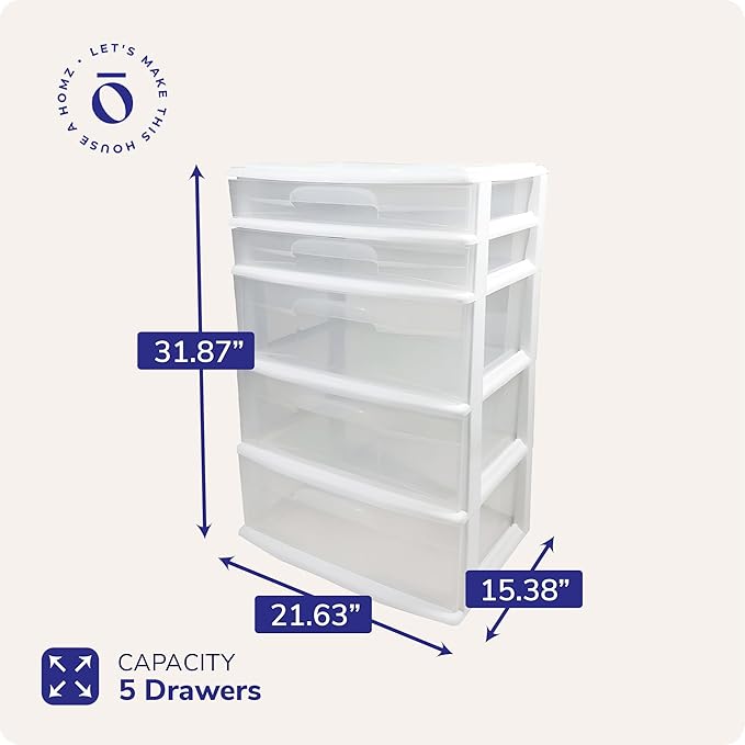 HOMZ Drawer Tower, 5-Tier Extra-Wide Clear Plastic Storage Organizer Cart, White Frame - Organizing Containers for Home, Office, Bathroom, Bedroom, and Classroom