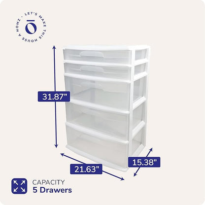 HOMZ Drawer Tower, 5-Tier Extra-Wide Clear Plastic Storage Organizer Cart, White Frame - Organizing Containers for Home, Office, Bathroom, Bedroom, and Classroom