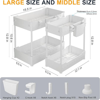 2 Pack Under Sink Organizer, Under Bathroom Cabinet Organizer with Hooks Hanging Cup, Multi-Purpose Storage Shelf for Kitchen Bathroom (White, 12.8 Inch)