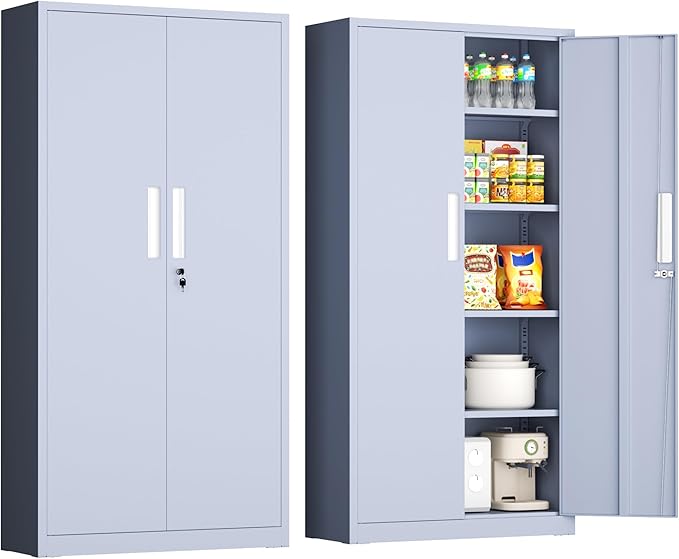 INTERGRAET 63" Pantry Cabinet, Kitchen Pantry Storage Cabinets with 2 Doors and 4 Shelves,Cement Gray Metal Storage Cabinet,Cupboard for Home,Kitchen,Living Room/Dining