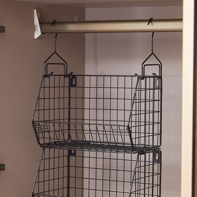 3 Tier Hanging Foldable Wire Baskets Closet Organizer Clothes Shelves Countertop Caddy Bin Wall Mount Shelf Wire Storage Basket Bins for Clothing Handbags Snacks Drinks Fruits L