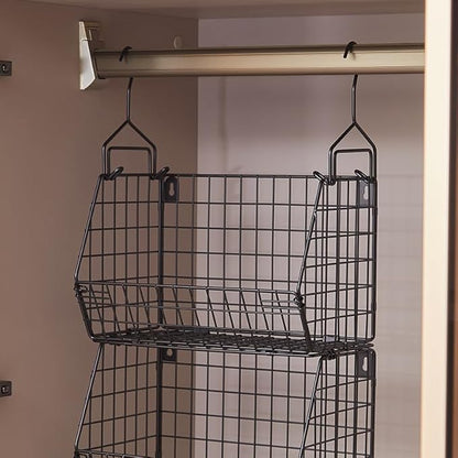 3 Tier Hanging Foldable Wire Baskets Closet Organizer Clothes Shelves Countertop Caddy Bin Wall Mount Shelf Wire Storage Basket Bins for Clothing Handbags Snacks Drinks Fruits L