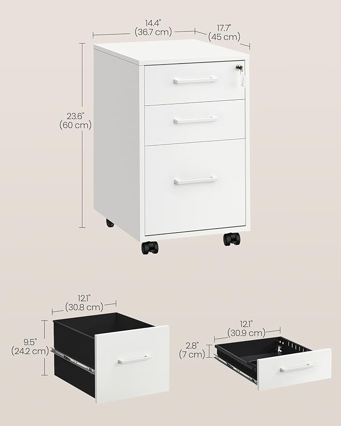 SONGMICS File Cabinet, Pre-Assembled Except Wheels and Handles, Office Filing Cabinet with Lock, for A4, Legal, Letter Sized Documents, 17.7 x 14.4 x 23.6 Inches, Matte White UOFC110W02