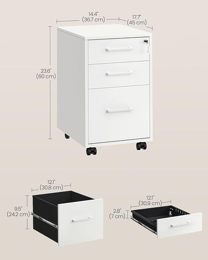 SONGMICS File Cabinet, Pre-Assembled Except Wheels and Handles, Office Filing Cabinet with Lock, for A4, Legal, Letter Sized Documents, 17.7 x 14.4 x 23.6 Inches, Matte White UOFC110W02