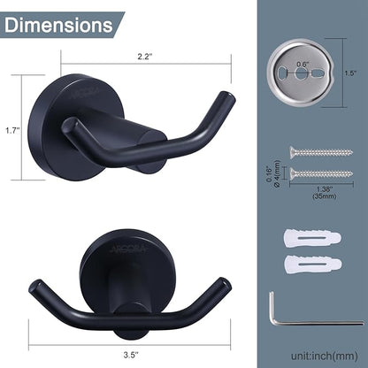 ARCORA Black Towel Hooks, SUS 304 Stainless Steel Wall Hooks, Heavy Duty Robe Hooks 1 Pack, Towel Hooks for Bathroom Wall Mounted
