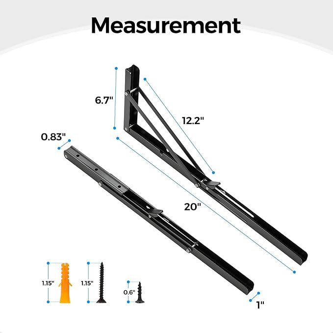 Home Expert 20 Inch Folding Shelf Brackets, 4 Pack (2 Pairs) Heavy Duty Metal Collapsible Wall-Mounted Brackets, Space-Saving DIY Foldable Shelf for Benches and Tables, Matte Black