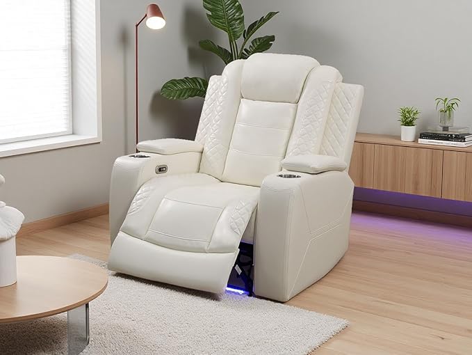 Living Room Sofa Set, Creamy White Breathing Leather Power Recliner Chair with LED Light, Living Room Furniture Sets Power Reclining Chair with Cup Holder/USB Port for Office, Rv Car