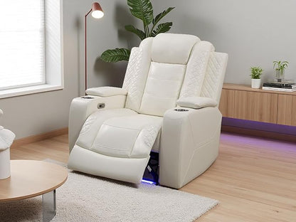 Living Room Sofa Set, Creamy White Breathing Leather Power Recliner Chair with LED Light, Living Room Furniture Sets Power Reclining Chair with Cup Holder/USB Port for Office, Rv Car