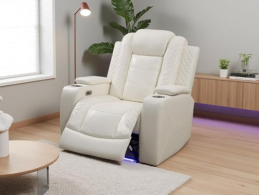 Living Room Sofa Set, Creamy White Breathing Leather Power Recliner Chair with LED Light, Living Room Furniture Sets Power Reclining Chair with Cup Holder/USB Port for Office, Rv Car